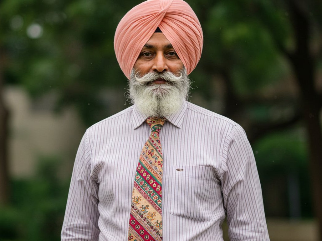 Old men wearing shirt and pink colour turban and Tie