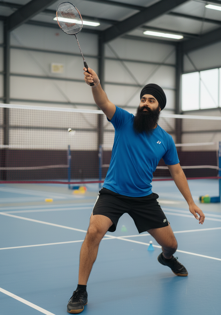 A man wearing a black turban and blue sports shirt plays badminton indoors, captured mid-action as he swings his racket toward the shuttlecock. The bright court and focused posture show his energy and athletic skill.