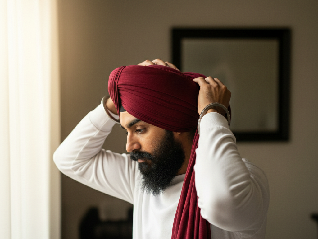 A man wearing a deep maroon turban adjusts its folds while standing near soft window light. His focused expression and the warmly lit room create a calm, intimate moment.