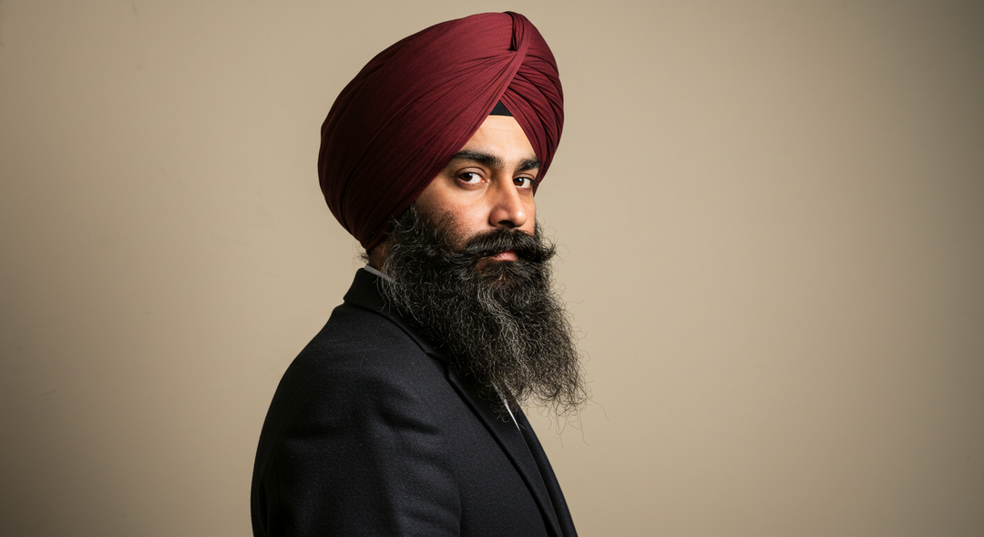 An Older Sikh man standing, looking at the camera wearing a black suit and maroon turban