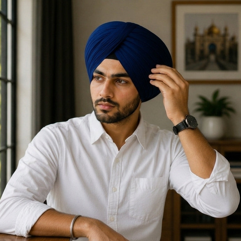 A man wearing a navy blue turban and white shirt adjusts his turban while looking out a window in a modern indoor setting.