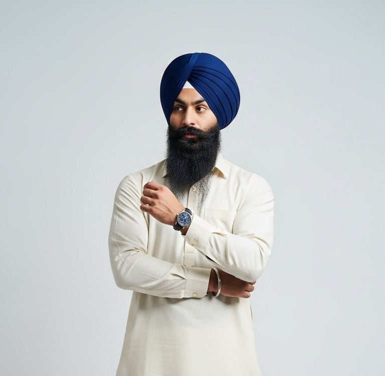 men wearing kurta pyjama and blue color turban standing confidently
