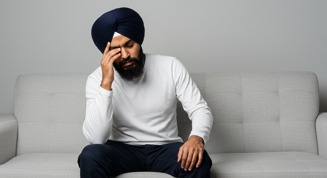 A sikh man wearing a dark blue turban, having a headache
