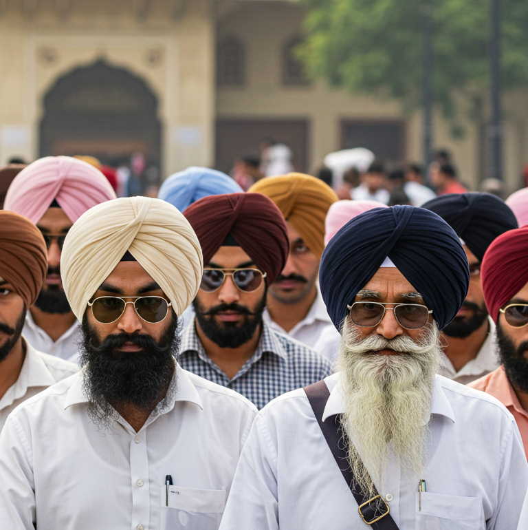 A group of Sikh men wearing colorful turbans and white or light-colored shirts walk together in a public space. The background shows a large building and trees, creating a sense of a community gathering or procession.