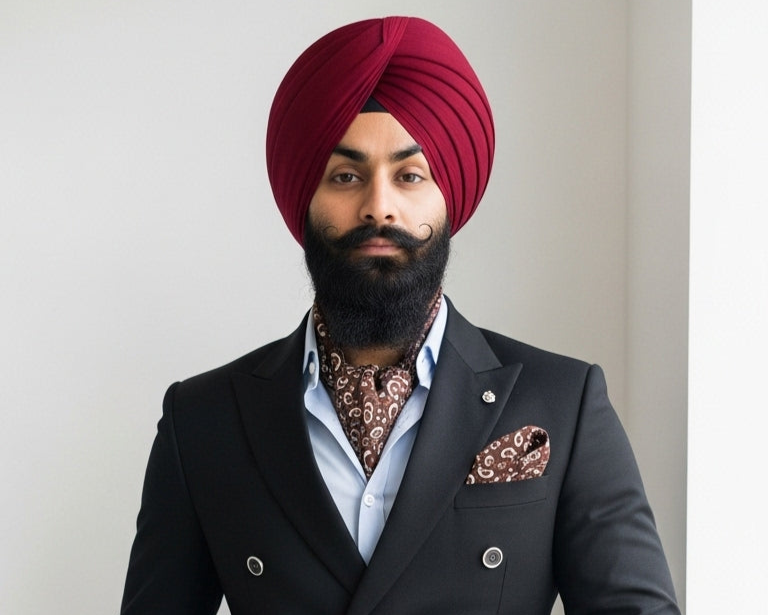 A Handsome looking Sikh Man, well groomed, suited and Maroon Turban.