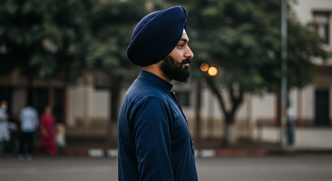 A sikh guy wearing Navy Blue turban and matching shirt. Mid short potrait.