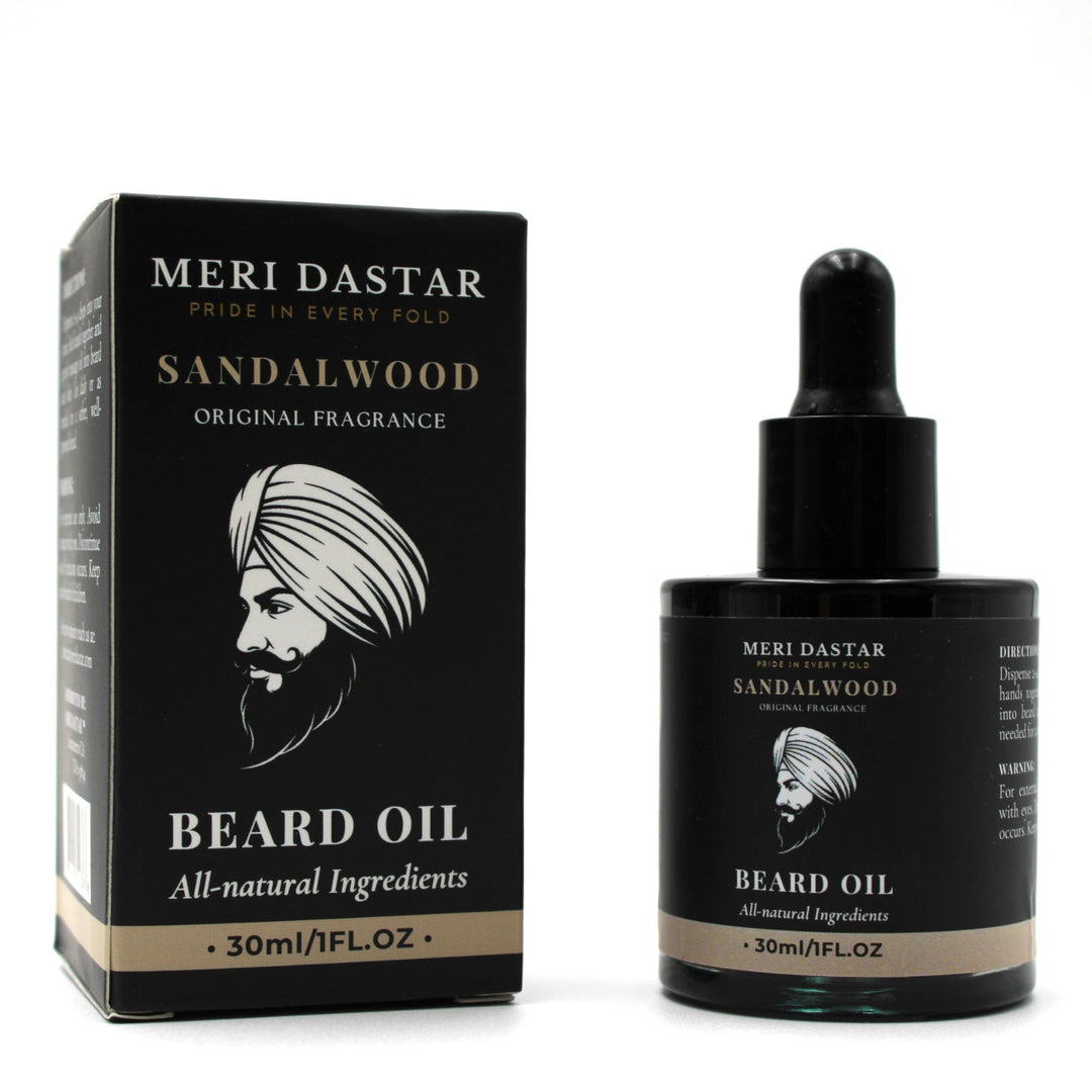 Meri Dastar Sandalwood beard oil packaging with dropper bottle on a white background