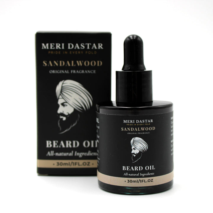 Meriastar Sandalwood beard oil bottle and packaging on a white background