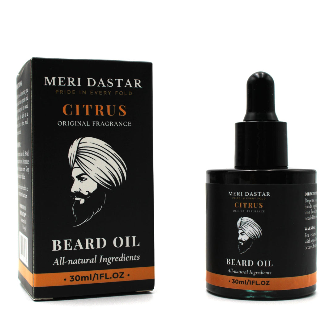Meri Dastar beard oil packaging with bottle on a white background