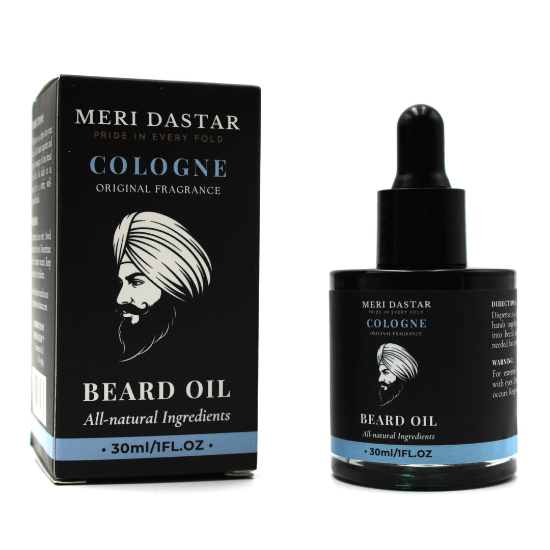 Meri Dastar beard oil packaging with dropper bottle on a white background