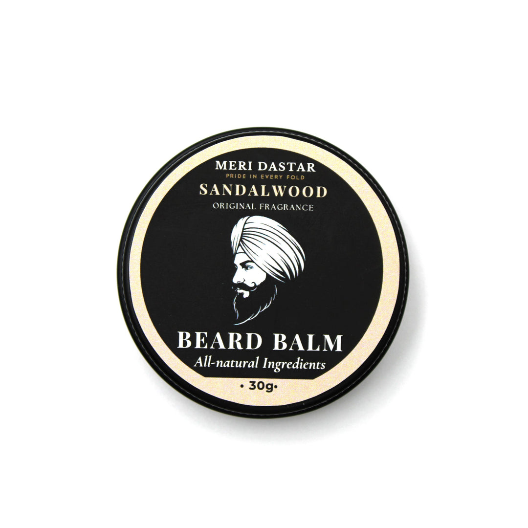 Beard balm container with sandalwood fragrance on a white background