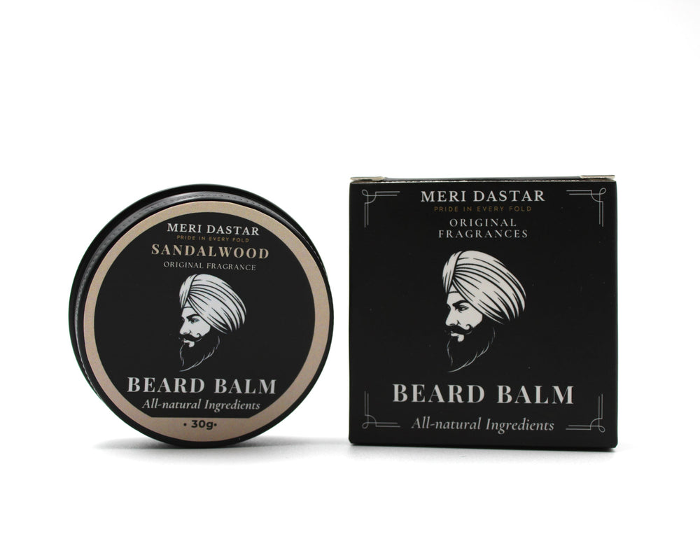 Beard balm container and packaging with Meri Dastar branding on a white background