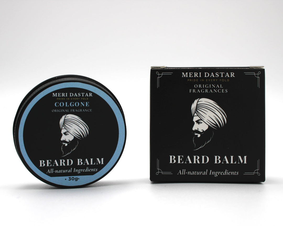 Beard balm container and packaging on a white background