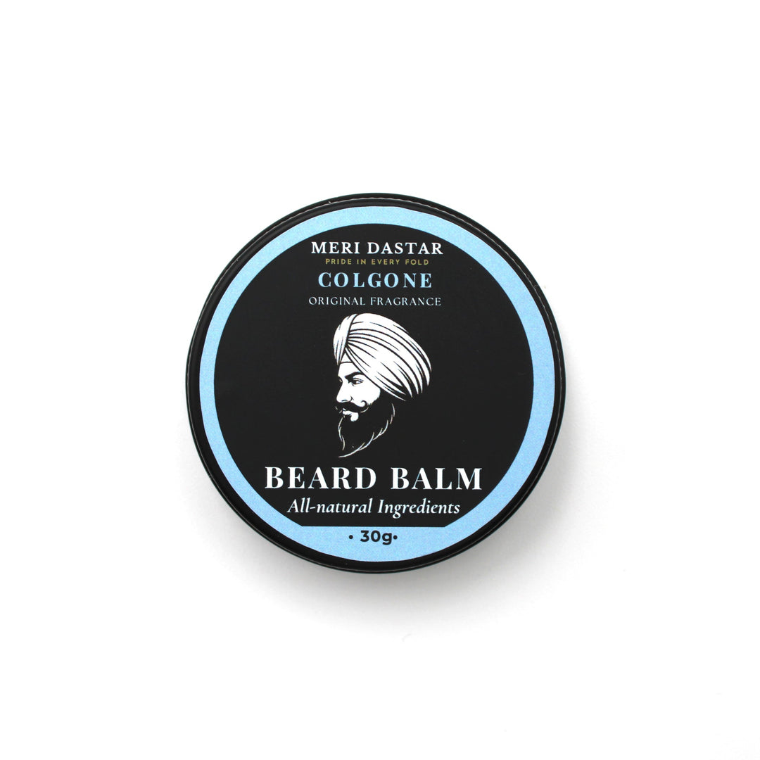 Beard balm container with branding on a white background