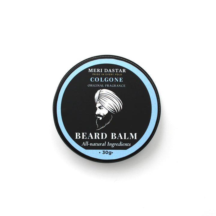 Beard balm container with branding on a white background