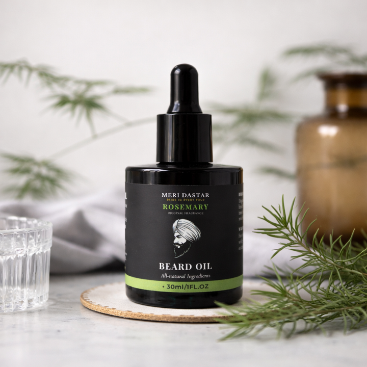 Meri Dastar Rosemary Beard Oil packaging and bottle on a white background
