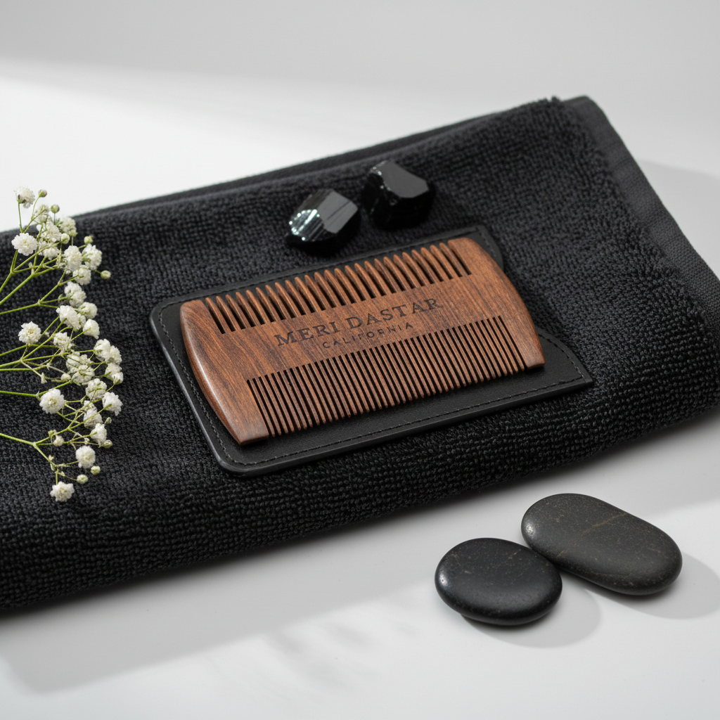 Wooden comb with black case on a white background, featuring &