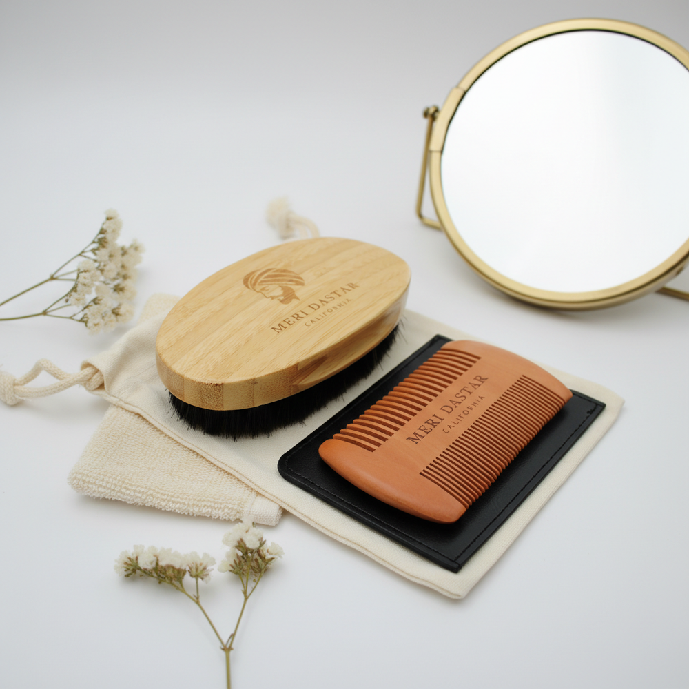 Beard comb and wooden brush set with Meri Dastar branding on a white background